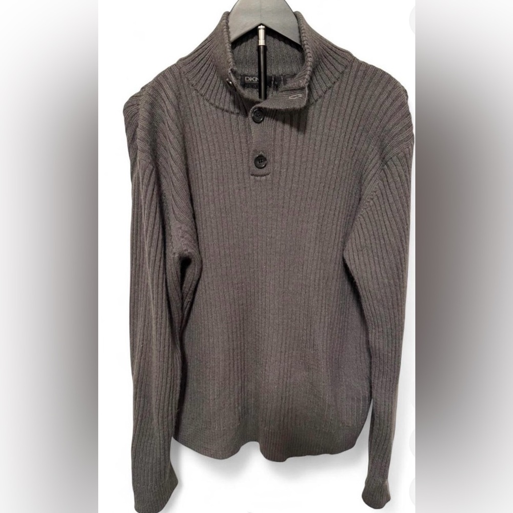 DKNY Men's Ribbed Turtleneck Button Pullover - Gray